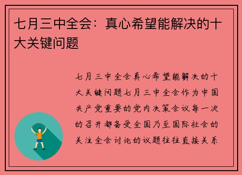 七月三中全会：真心希望能解决的十大关键问题